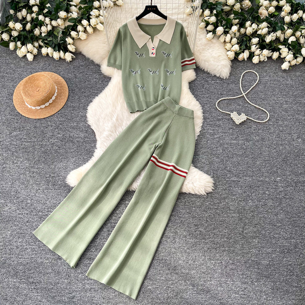 Lazy style knittingcute puppy suit women's summer lapel topshigh waistloose pantstwo-piece set relaxed feeling