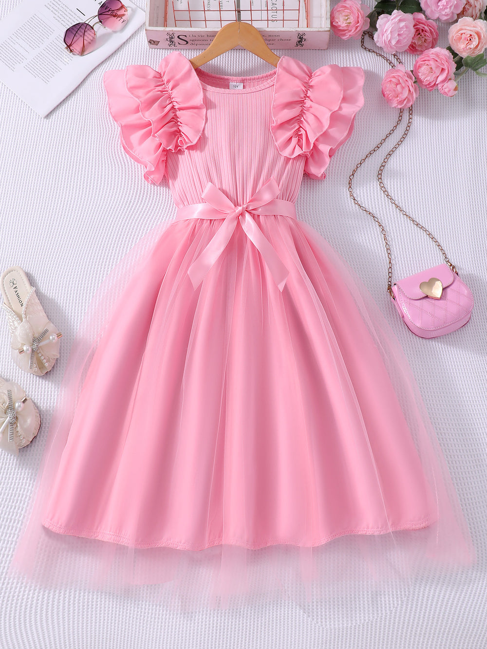 Girls' plus/minus size dress, ruffle flutter sleeve ribbed knit mesh round neck summer casual dress
