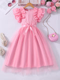 Girls' plus/minus size dress, ruffle flutter sleeve ribbed knit mesh round neck summer casual dress