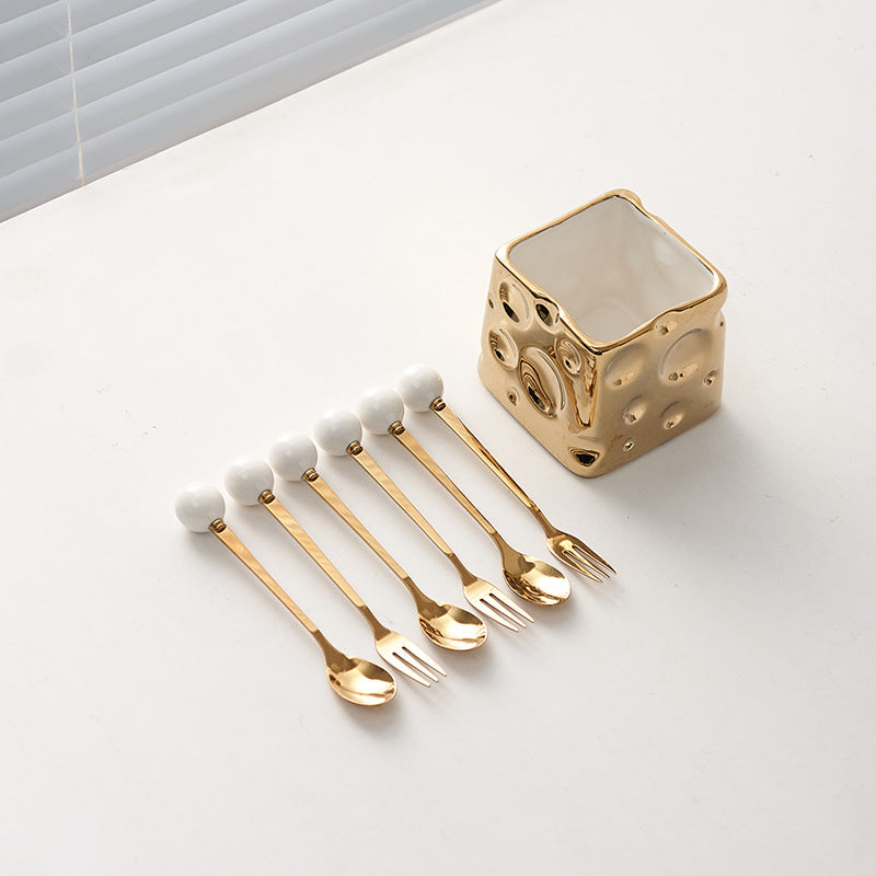 Electroplated light luxury ceramic fruit fork set - creative cheese and fruit forks, jar home decor, high-value fruit forks