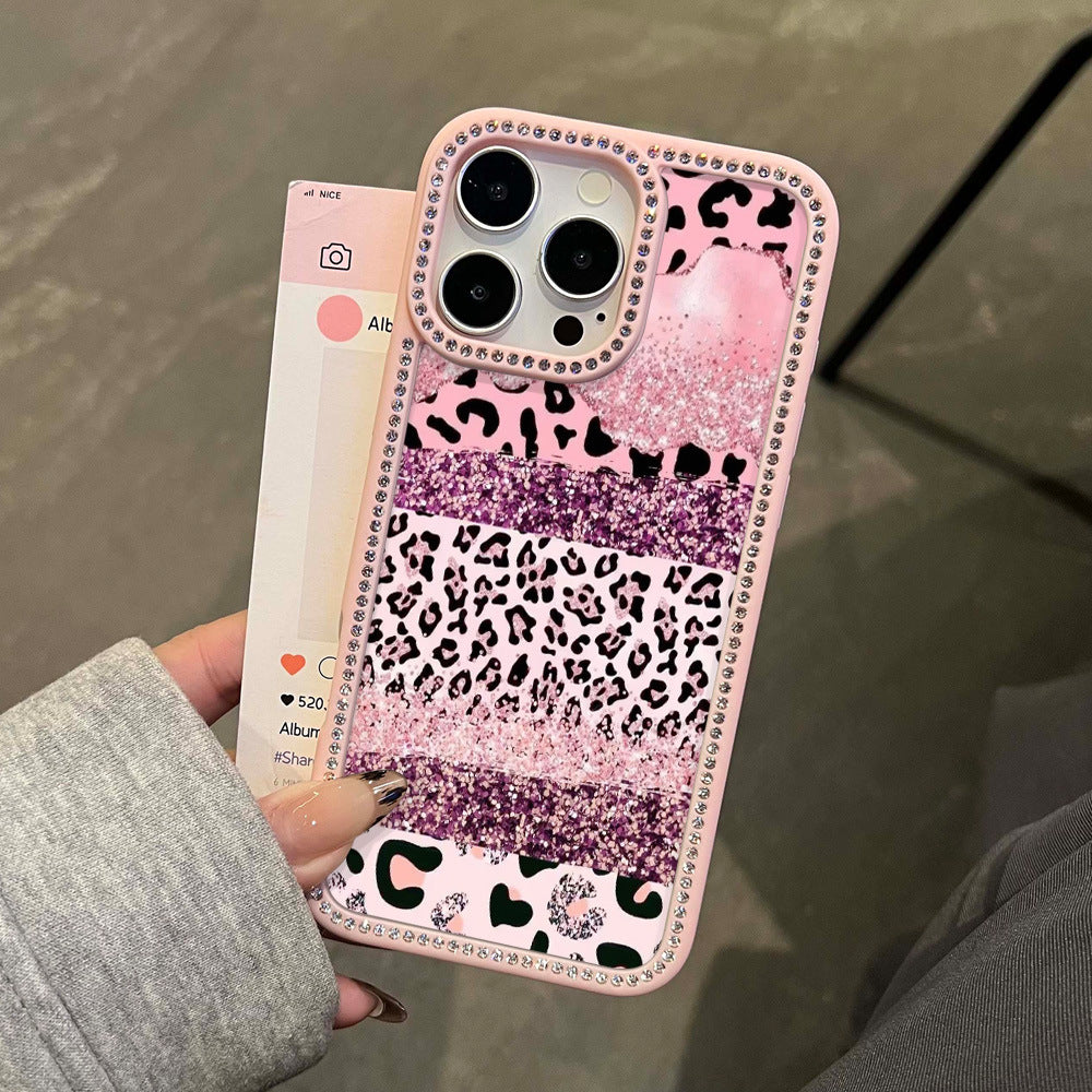 The first choice for gift giving is suitable for iphone17promax pink leopard print mobile phone case, glitter apple 16 diamond star diamond case