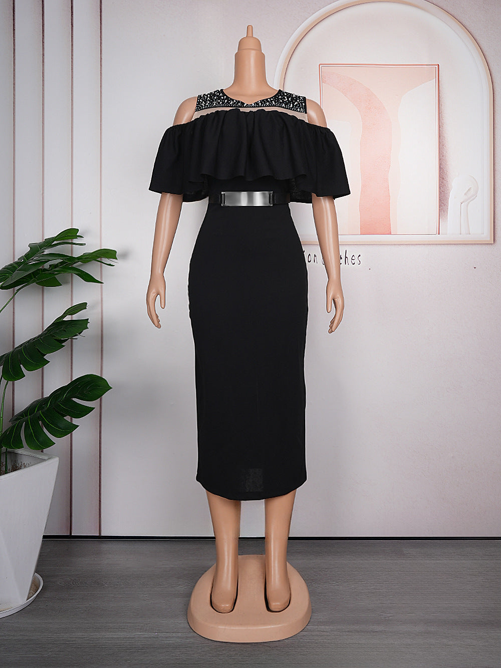 new european and american export hot seller  african plus size fashion women's ruffle dress with belt
