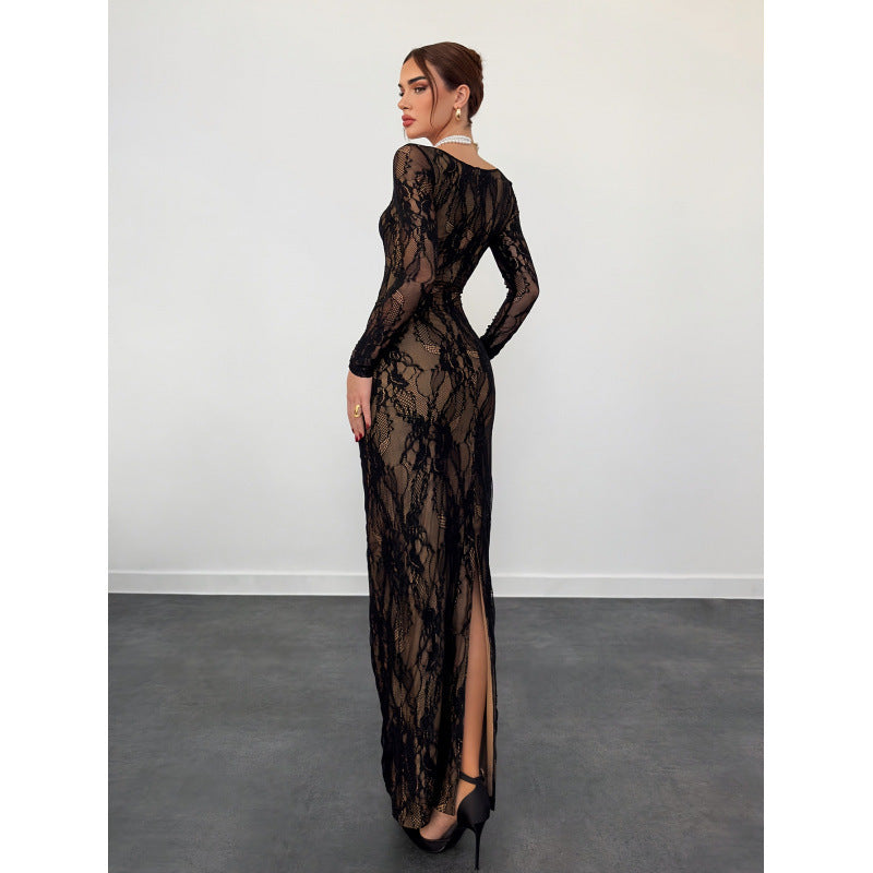 Women's lace romantic elegance square neck lace patchwork neckline long sleevesilmlongdress