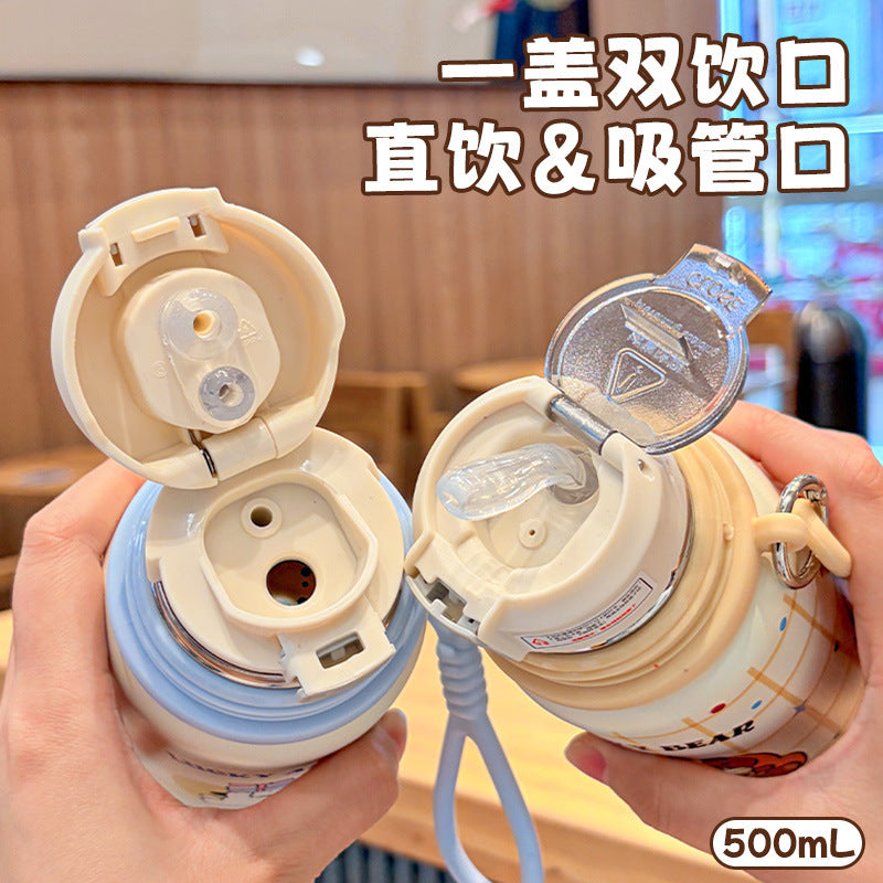 Cute pet kids thermos cup 316 stainless steel high-looking bowl lid three-drink large-capacity straw water cup wholesale