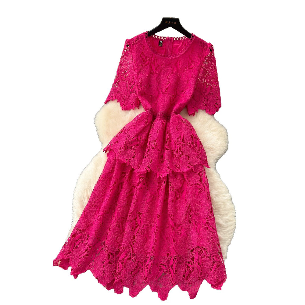 Korean style socialite retro short-sleeve dress - women's summer hollow-out crochet waist design - mature & chic midi dress