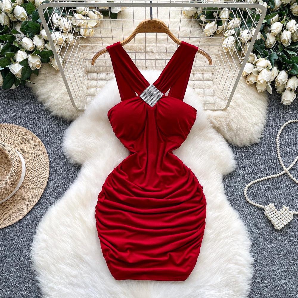 Goddess style sexy heavy industry diamond halter suspender dress heart ruched silm slimming look hip cover backless short skirt