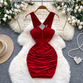 Goddess style sexy heavy industry diamond halter suspender dress heart ruched silm slimming look hip cover backless short skirt