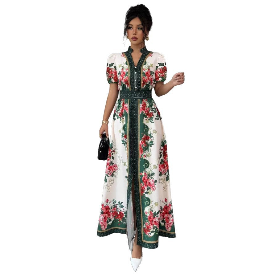 Vintage court style v-neck lantern sleeve printed dress - women's early spring korean style long sleeve cinched waist slimming a-line maxi dress