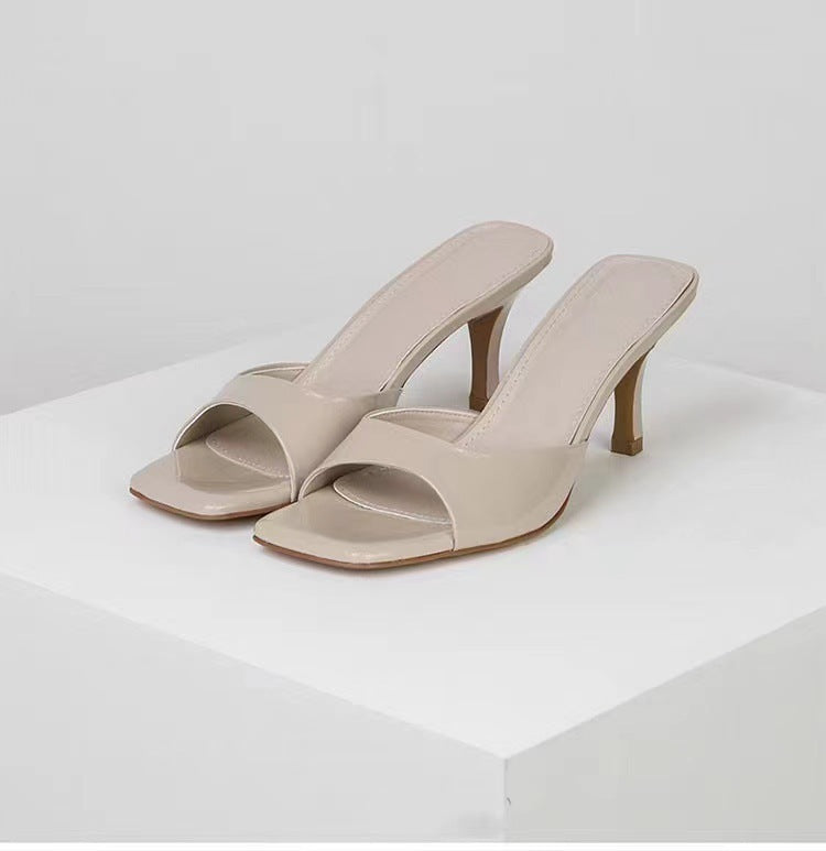 French high-heeled sandals - patent leather, 2024 new collection, versatile stiletto heel, square toe, open toe, sexy outdoor slippers for women