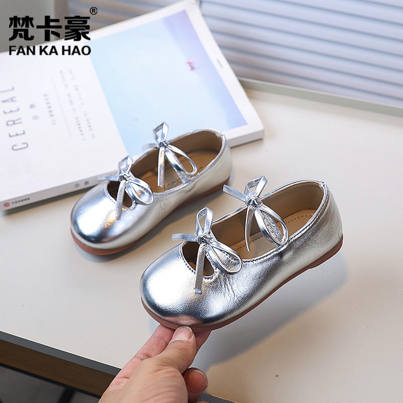 Vancahao girls' bow-tie princess shoes, new spring/autumn  collection, kids' black leather soft-soled dance shoes