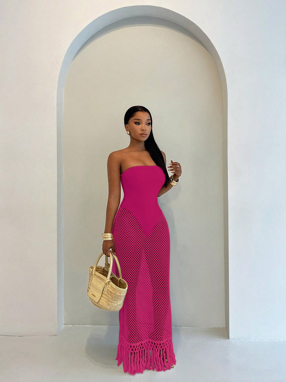 Summer new  resort style women's bandeau cutout sexy knit unique two-piece dress set