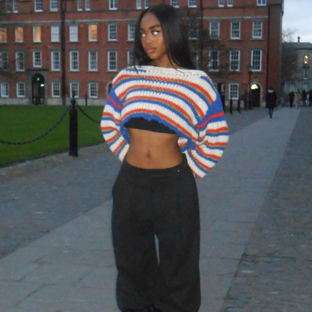 Europe and the United States  2025 autumn women's clothing casual fashion personalized blue splicing long-sleeved open-button pullover knitted sweater