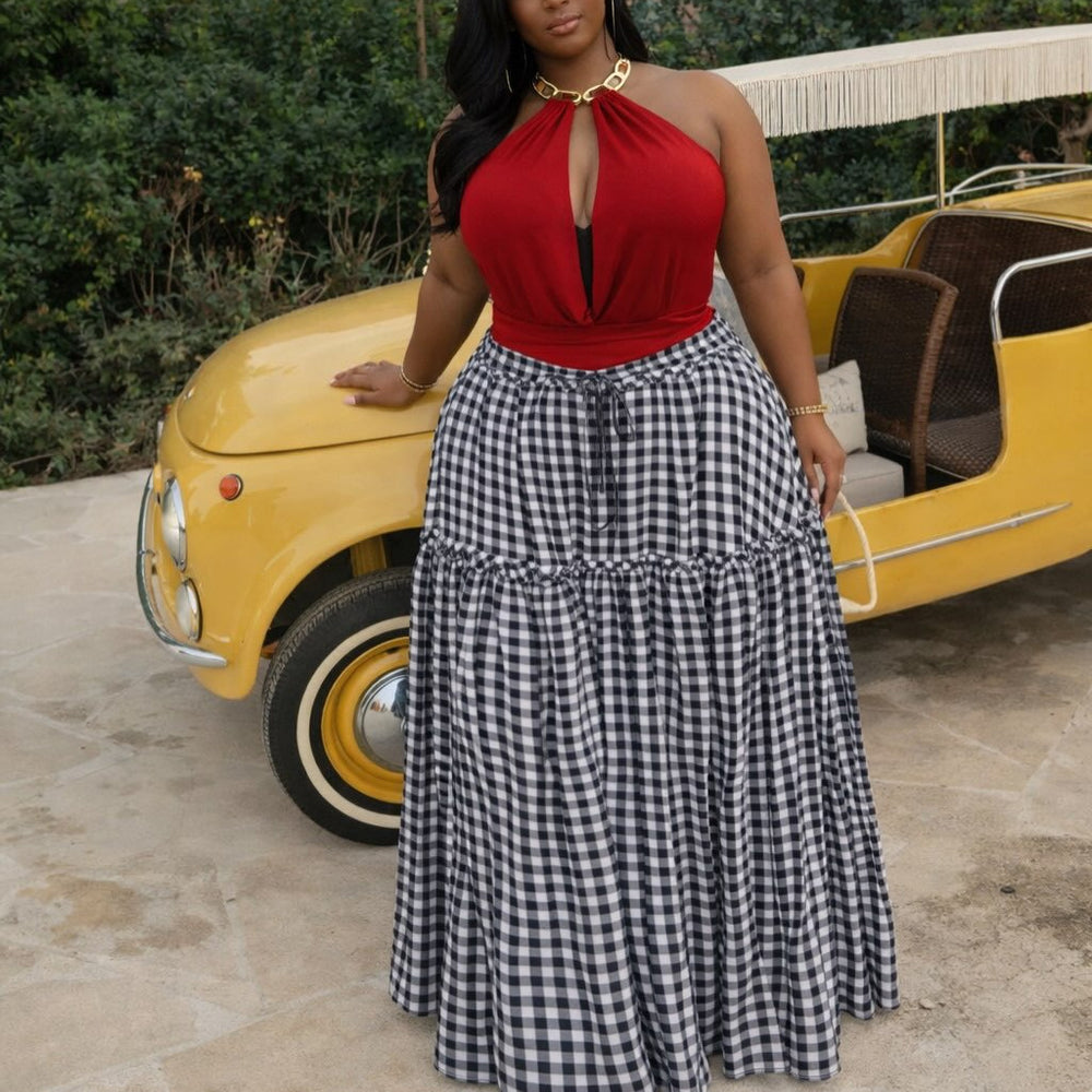 Fashion cross-border women's clothing  summer new elegant high waisttie backplaid fungus edge long large swing skirt