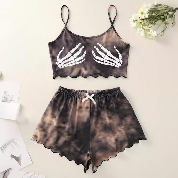 Fashion cross-border   fashion women's clothing skull hand printing suspender tops and shorts home wear suit