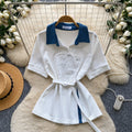 K-style doll collar loosecomfortable breathable short-sleeved shirt women's work clothing style lacepatchworksense of design waist tops
