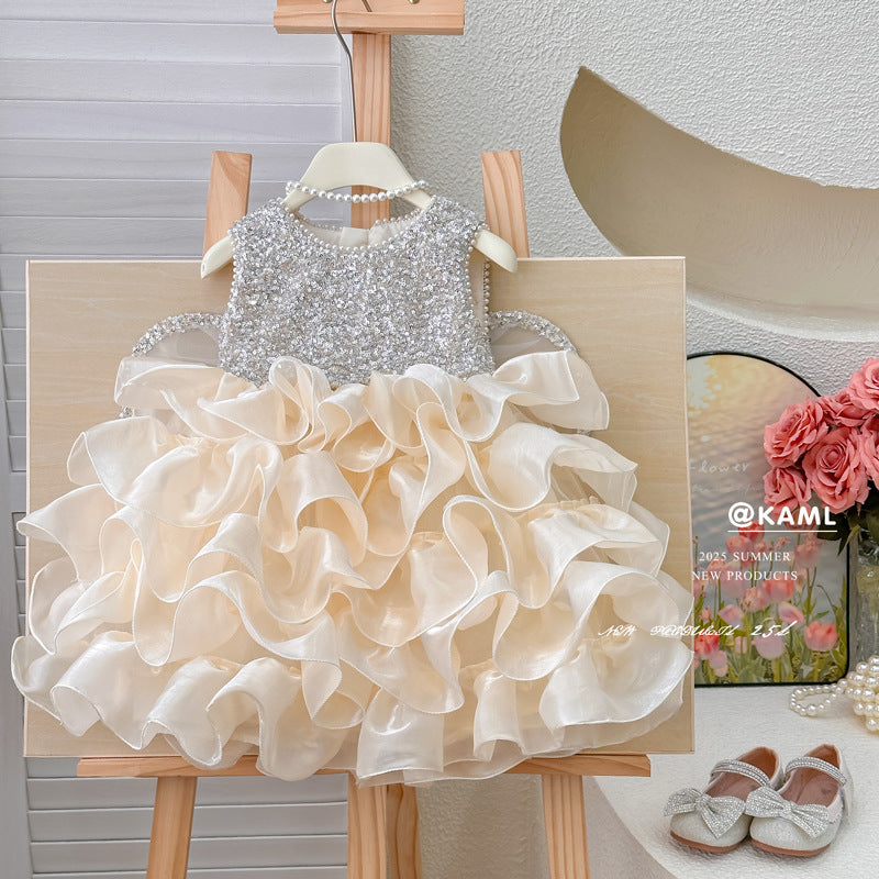 summer new girls' princess dress - birthday sequin winged dress - first birthday party gown - stylish baby girl outfit
