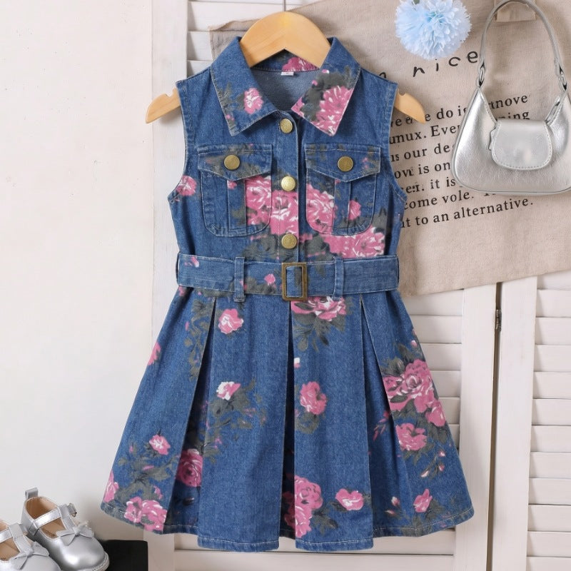 hot-selling girls' sleeveless printed denim dress + belt, denim washed dress - cross-border exclusive