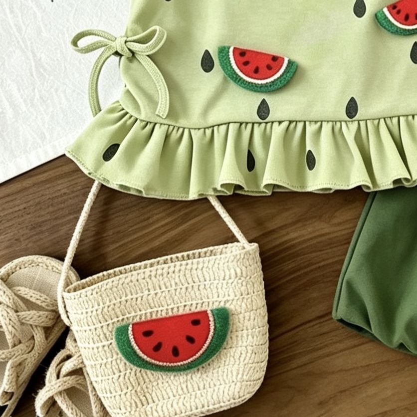 Fresh green baby summer outfit set - cute fruit watermelon pattern sleeveless summer suit for girls - summer  collection