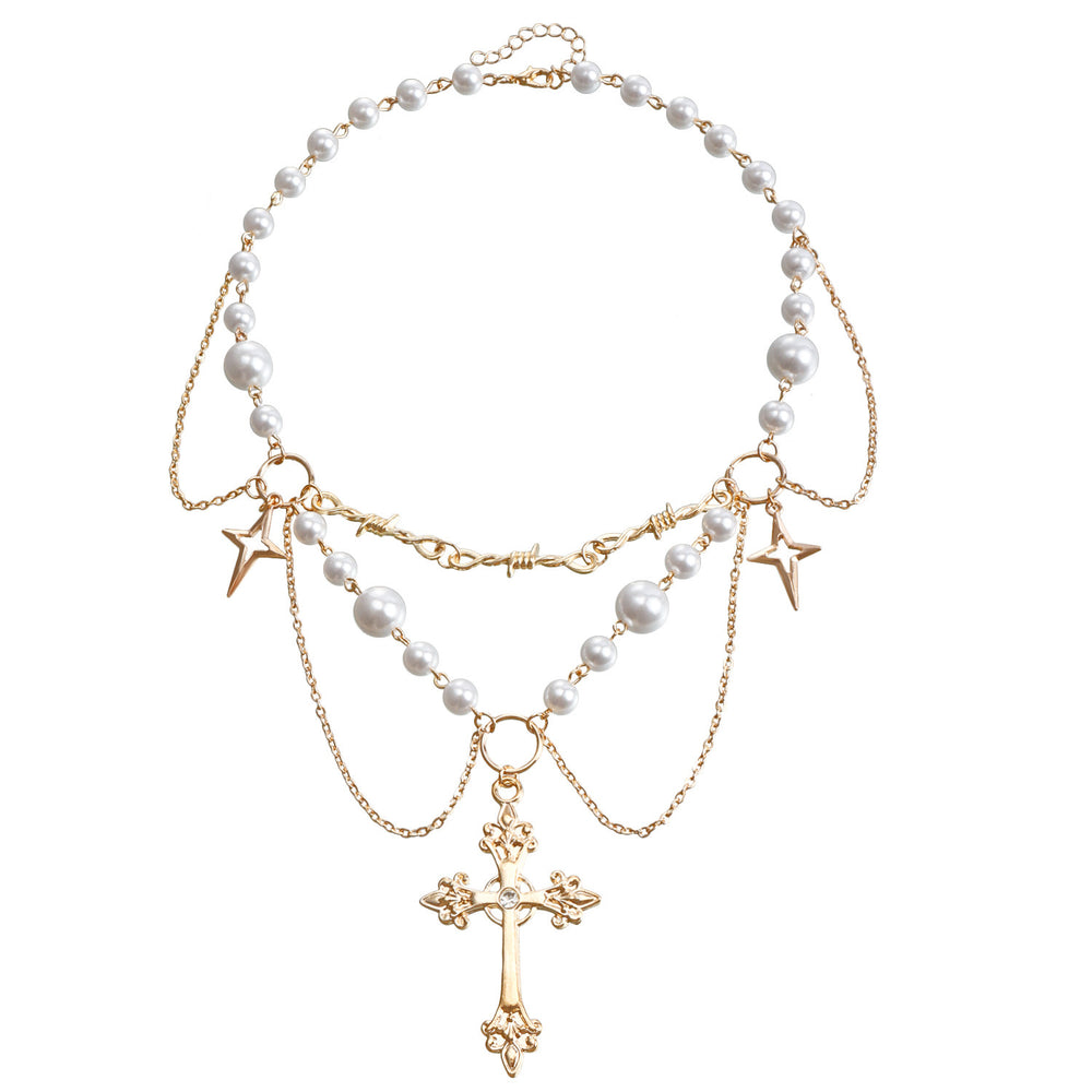 Pearl sweater chain wholesale european and american cross-border cross necklace punk multi-layered wearing light luxury niche clavicle chain for women
