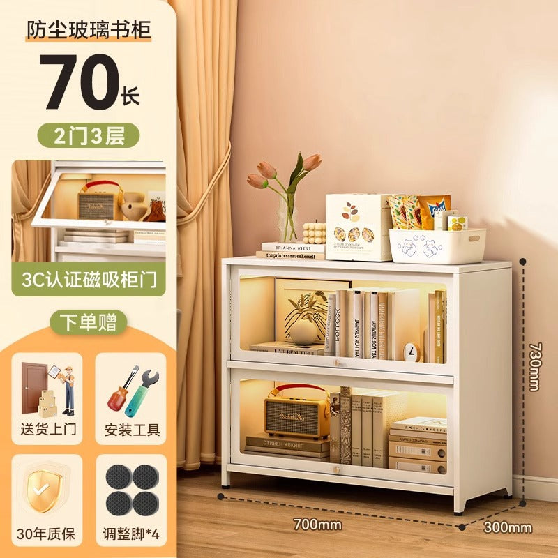 Steel bookcase with glass doors, kids' bookshelf, home living room storage cabinet, dustproof display cabinet, iron art shelf