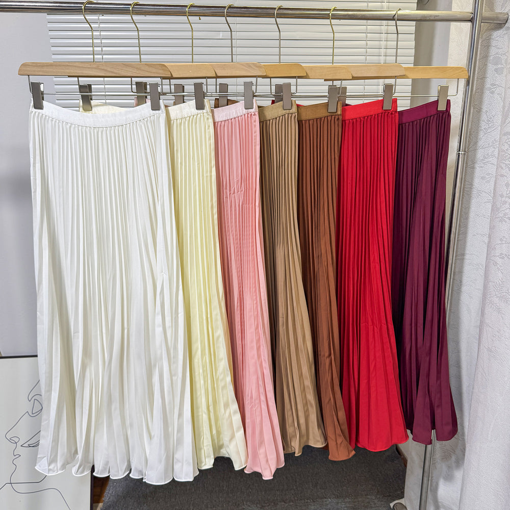 K-stylehigh waist elastic waist pure colorpleated skirt a-line skirt slimming lookeasiest for matchwork clothing skirt