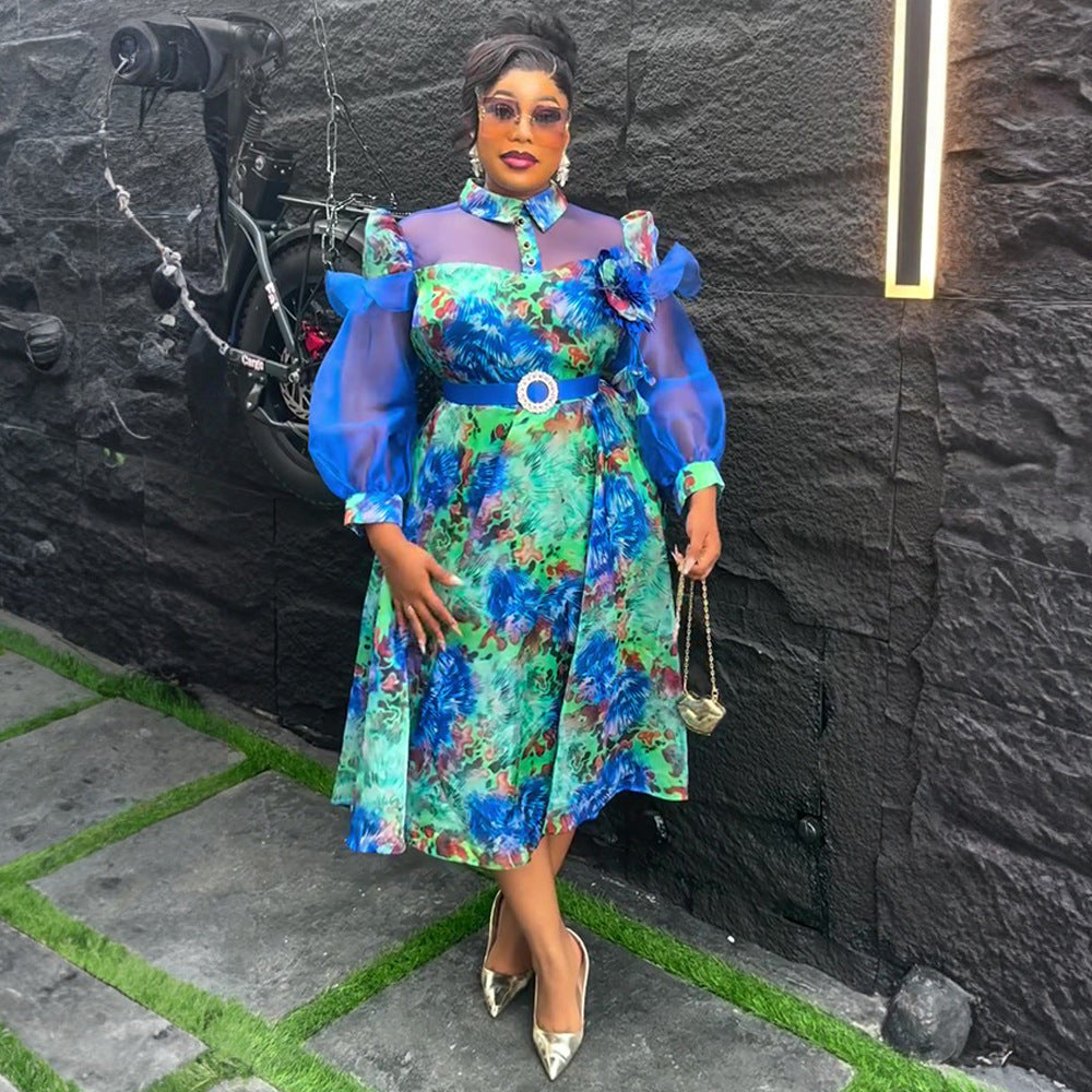 Amazon plus size women's fashion european and american cross-border e-commerce  new spring/summer colorful tie-dye print dress