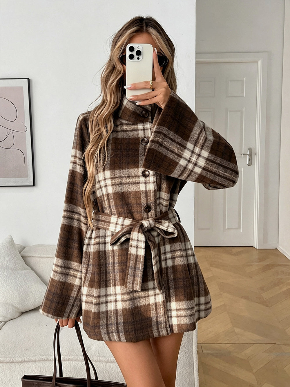 1688fashioncontrast colorplaidwoolentops lapel double breastedlooseslimming lookflared sleevesshortplaidoutwear