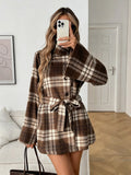 1688fashioncontrast colorplaidwoolentops lapel double breastedlooseslimming lookflared sleevesshortplaidoutwear