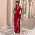 Amazon  new arrival: halter neck v-neck sexy bodycon dress - vertical pleated tie-up backless slit dress for women