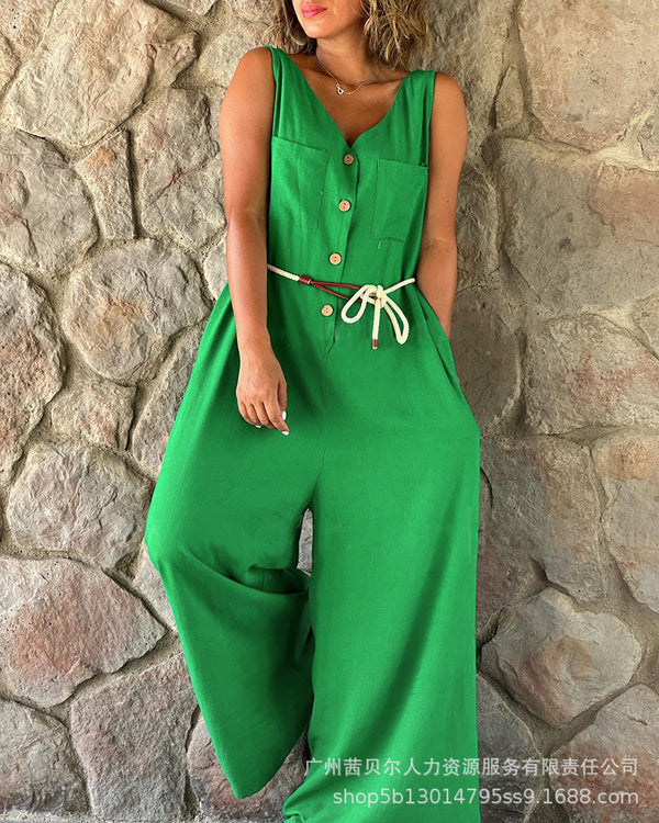 Spot  2023 summer European and American women's clothing green sleeveless casual loose wide-leg jumpsuit - with belt