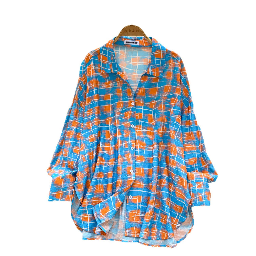 K-styleloosegrids pattern comfortable breathable shirt women's long sleevesspringcardigancommuting boyfriend style lazy sun protection tops