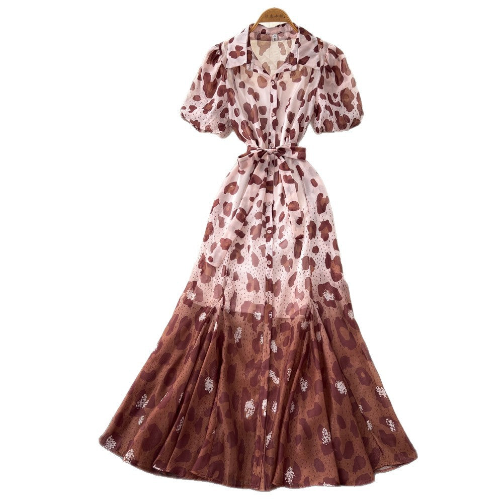 K-style lapel leopard print dress women's summer puff sleeves waist tie back a-line skirt elegant shirt skirt
