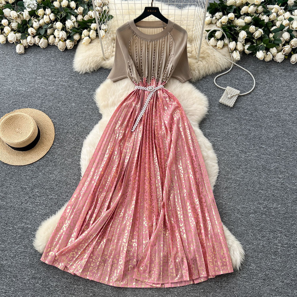 French heavy industry beading contrast colorpatchwork round neck short-sleeved dress women's waist elegantdrapedprinting over-the-knee long skirt