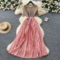 French heavy industry beading contrast colorpatchwork round neck short-sleeved dress women's waist elegantdrapedprinting over-the-knee long skirt