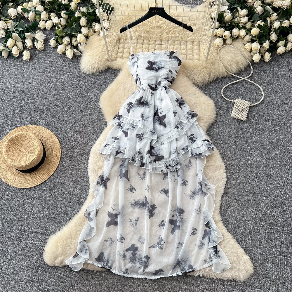 French riviera style printed bandeau dress - women's summer princess style sweet ruffle tiered fairy dress