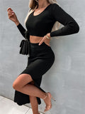 fall/winter new european and american cross-border women's solid color knitted crew neck top and long slit maxi skirt two-piece set