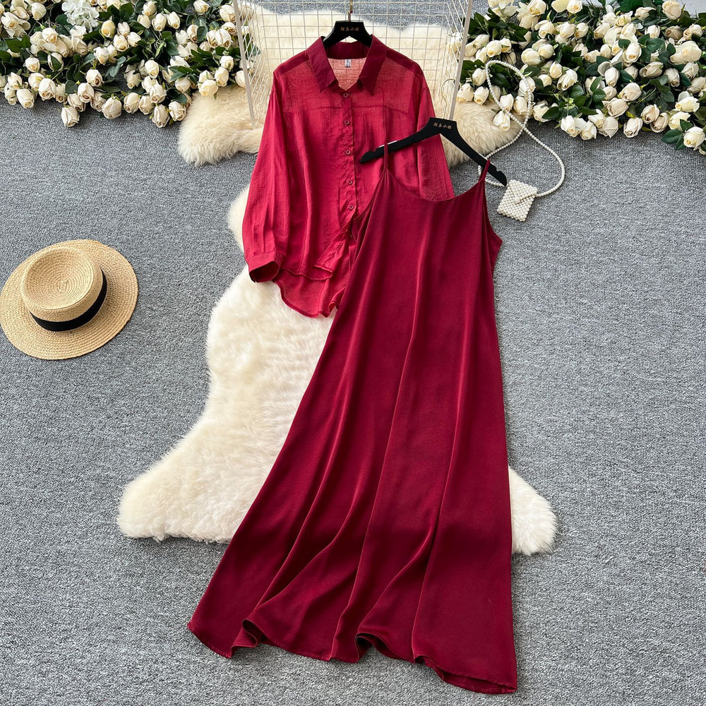 Eleganttwo-piece set women's niche style lazy style outer wear thin looselong sleeves sun protection shirt outwear + suspender dress