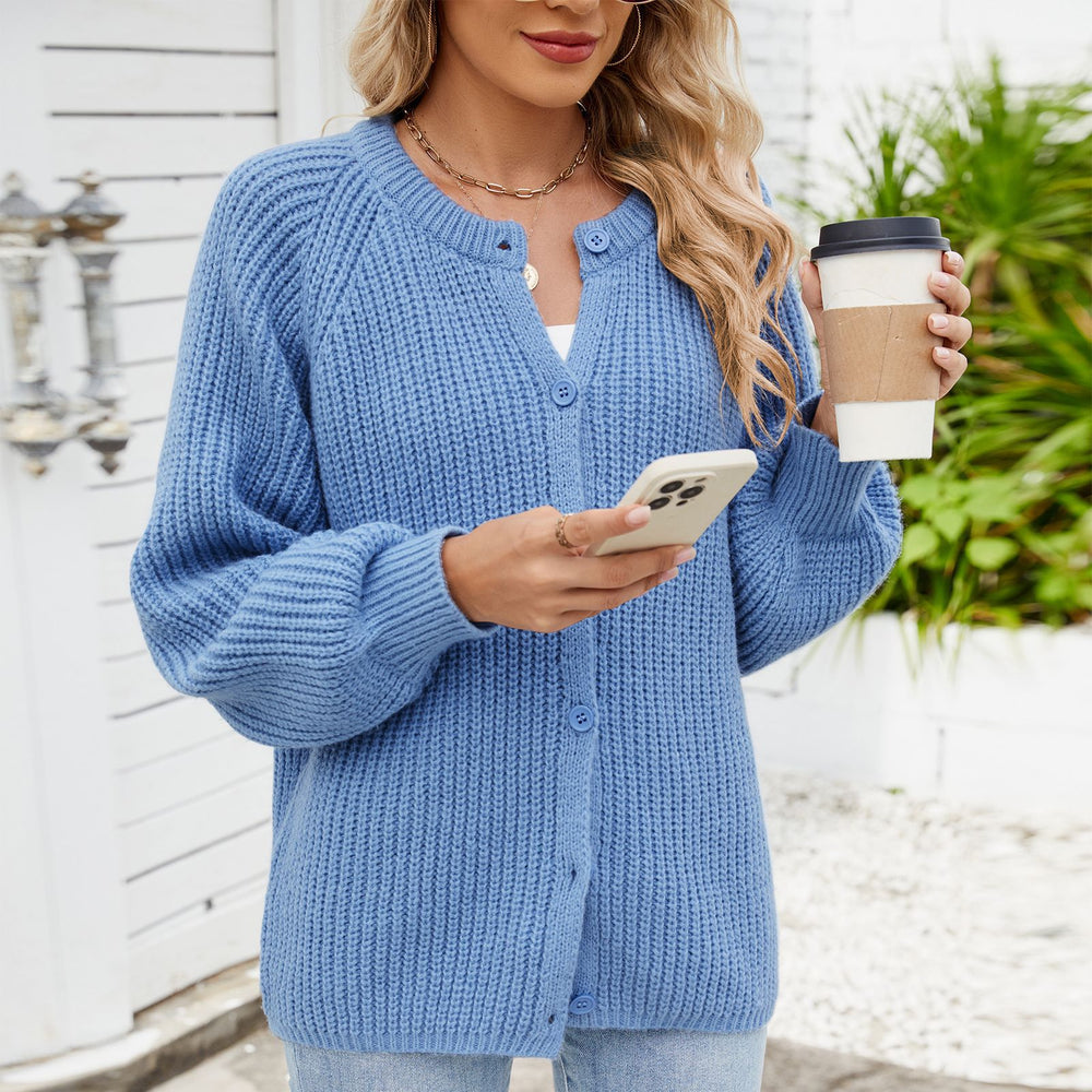 Fashion cross-border export women's clothing new arrival   loosecasual round neck sweater one-row button tops trendy
