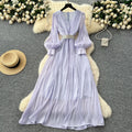 French chic high-end v-neck lantern sleeve tie-waist flowy chiffon maxi dress - elegant women's long dress
