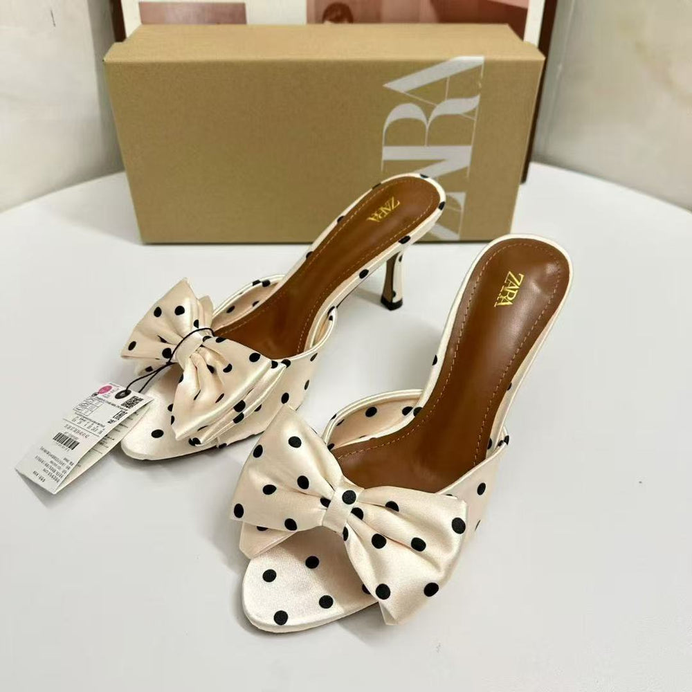 Za fashion casual vacation style women's sandals summer new black and white polka dot bow pointed toe metal chunky heel open toe slides