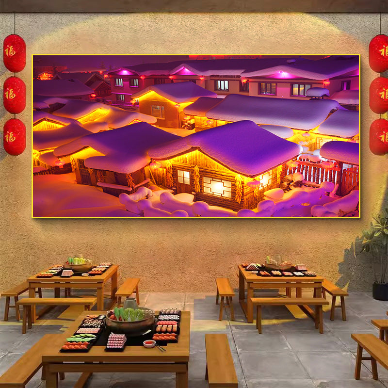 Northeast snow landscape decorative painting rural folk landscape wall painting iron pot stew restaurant farmyard light box hotel hanging painting