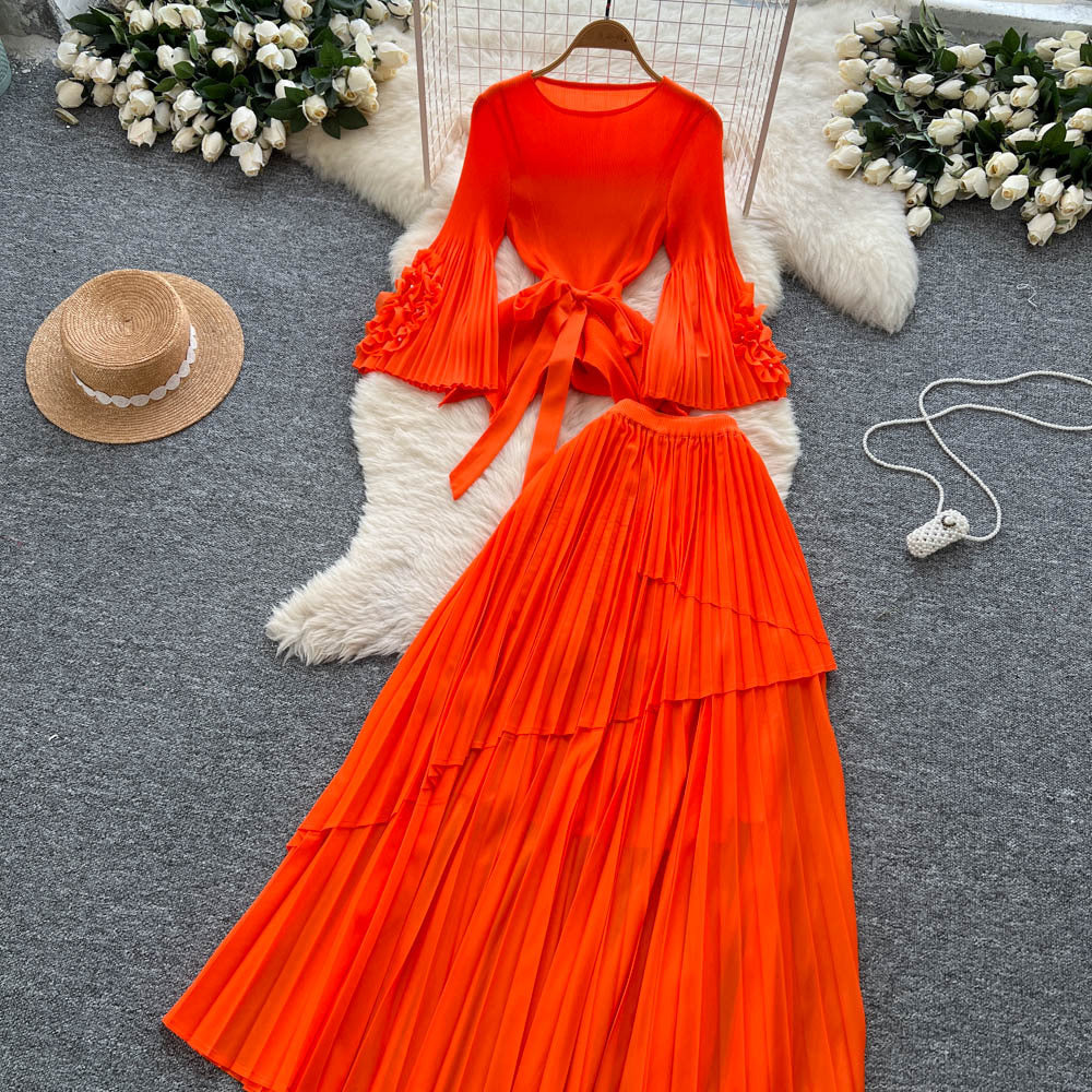 Fashionsense of design strappy waist flared sleeves asymmetrical pleated topshigh waistslimming look large swing skirt suit