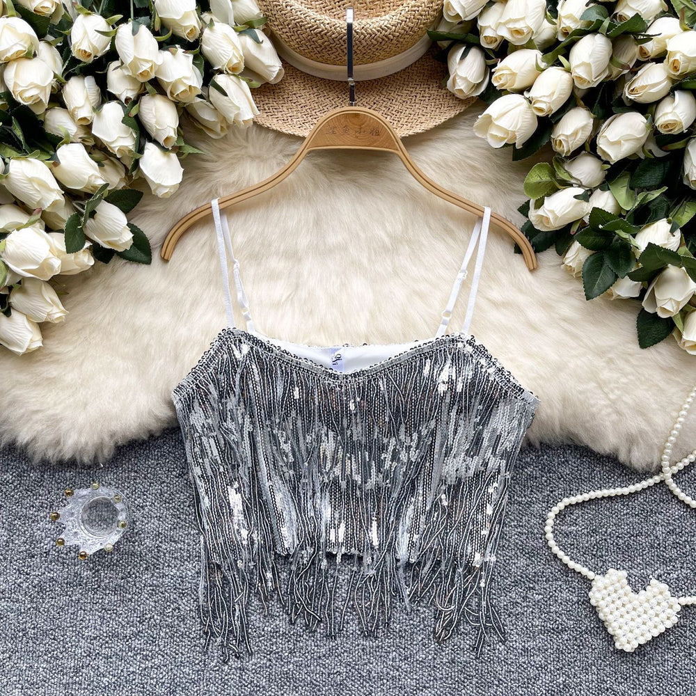 Fringed camisole top - women's sexy dance performance outfit - sweet & spicy halter top with sequins - sparkling cropped chic top