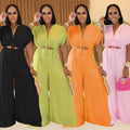 C7388 cross-border   fashion women's casual solid color v-neck tie-waist wide-leg jumpsuit new