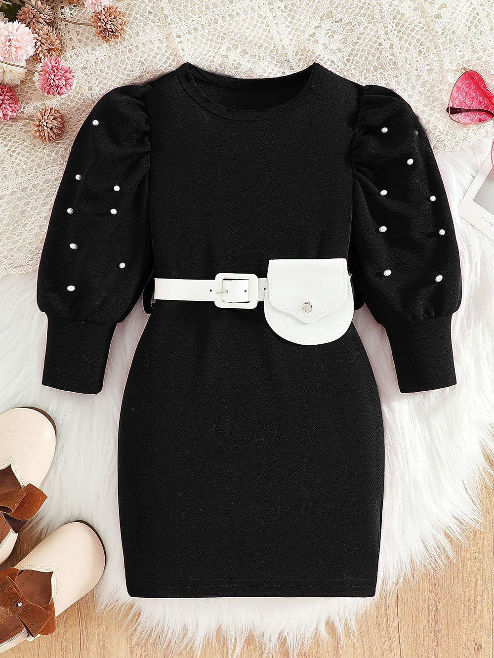 retrogirldress red round neck lantern sleeves belt waist bag pearl decoration fall and winterkids skirt