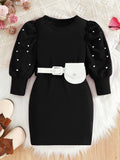 retrogirldress red round neck lantern sleeves belt waist bag pearl decoration fall and winterkids skirt