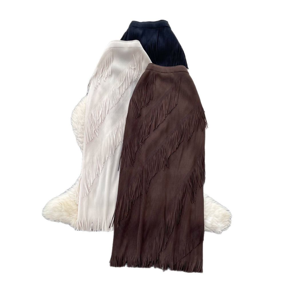 K-style tassel patchwork a-line elegant skirt women's summerhigh waistwork clothingclassy sense of medium long tassel skirt