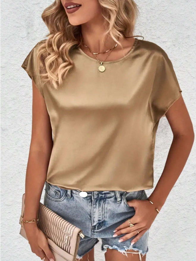 summer new arrival: women's solid color casual top - batwing sleeve satin round neck faux silk blouse