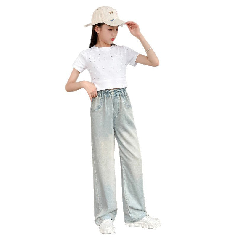 Girls' pants: new  summer collection - stylish, loose-fit, lightweight tencel denim wide-leg pants for girls and big girls, perfect for students