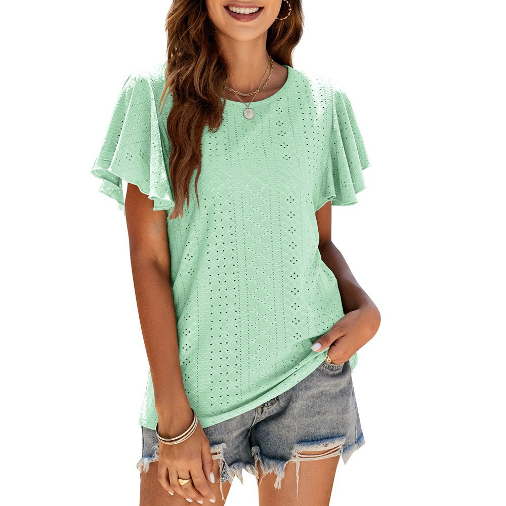 summer new arrival: cross-border european & american women's apparel -  style ladies' top - cutout waist, ruffle sleeve, casual t-shirt